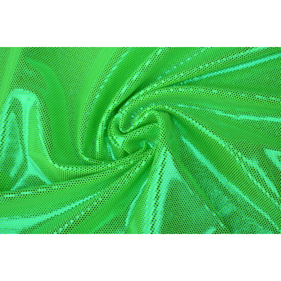 Verde fluo pöttyös színes metál laminált táncruha anyag, fogás és színminta 30x30 cm