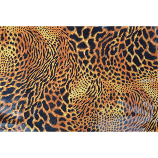 Leopárd lakkos laminált táncruha anyag, fogás és színminta 30x30 cm