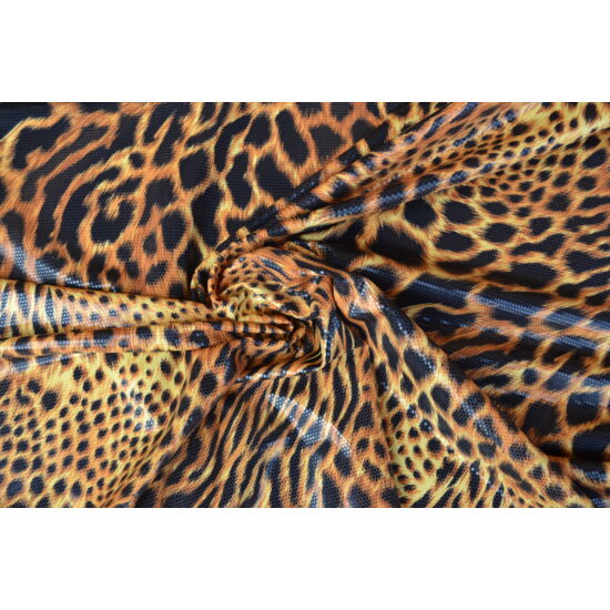 Leopárd lakkos laminált táncruha anyag, fogás és színminta 30x30 cm